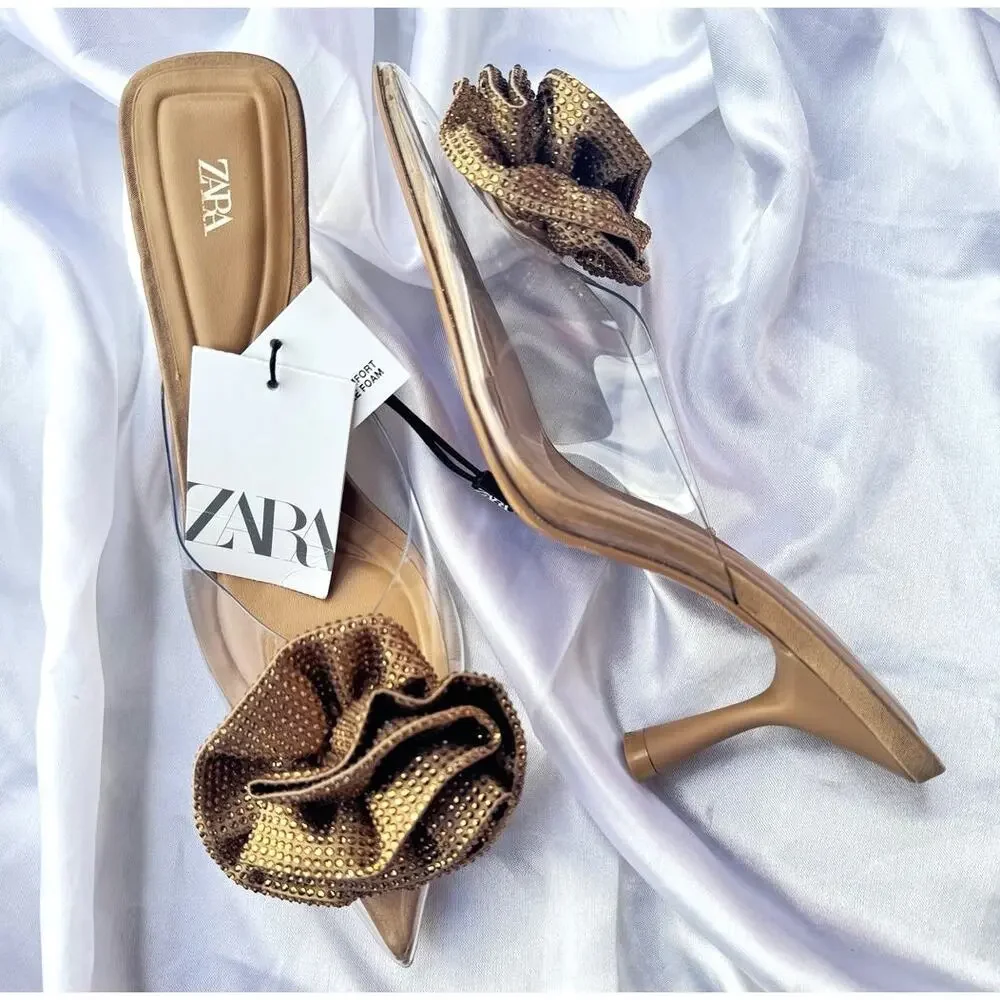 ZARA Floral Rosette Mule Heels NWT Pointed Toe Nude Vinyl Pumps Size 7.5 - Picture 11 of 16